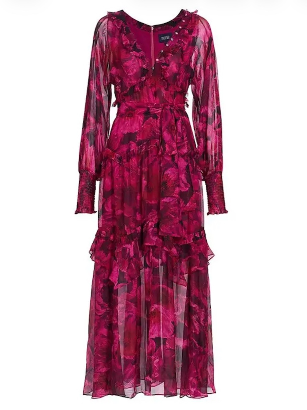 MARCHESA Rosa Leilani Floral Tiered Maxi Dress Long Sleeve V-Neck Fuchsia Size16 - Picture 13 of 15